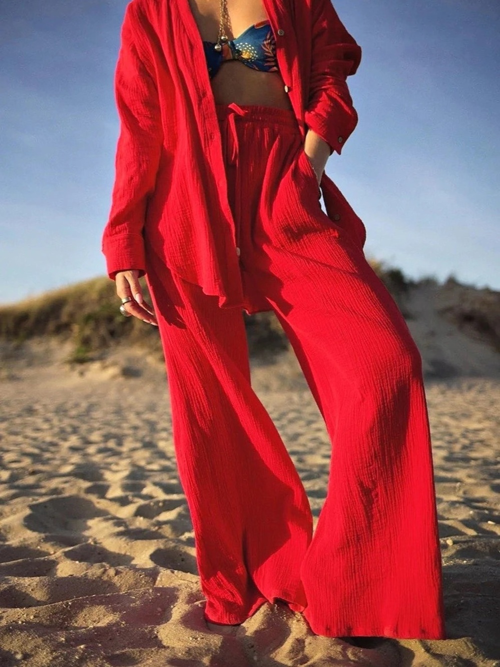 How Do You Wear That Red Cotton Wide Leg Set Size Large NWT